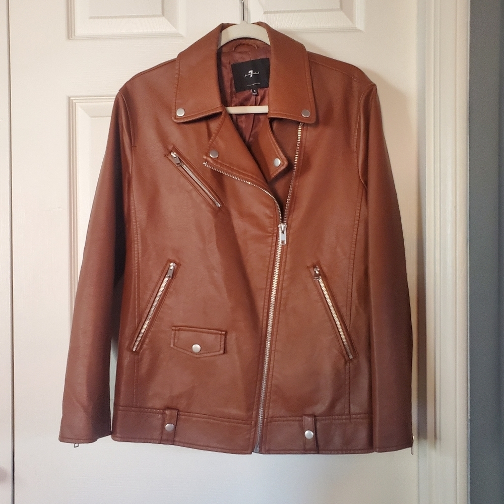 7 For All Mankind Faux Leather Moto Jacket Caramel Brown Zippers Pockets Small